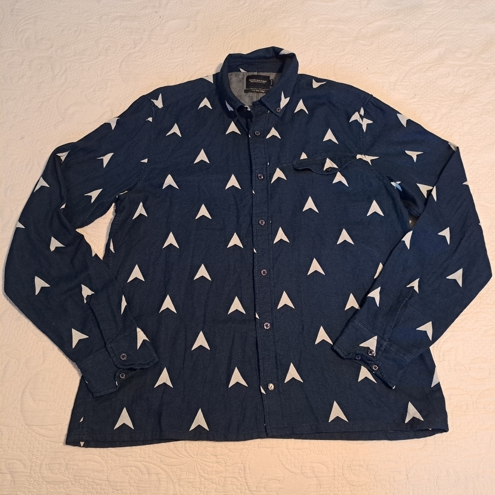 Scotch & Soda men's size XL blue shirt with white design long sleeve shirt VGUC